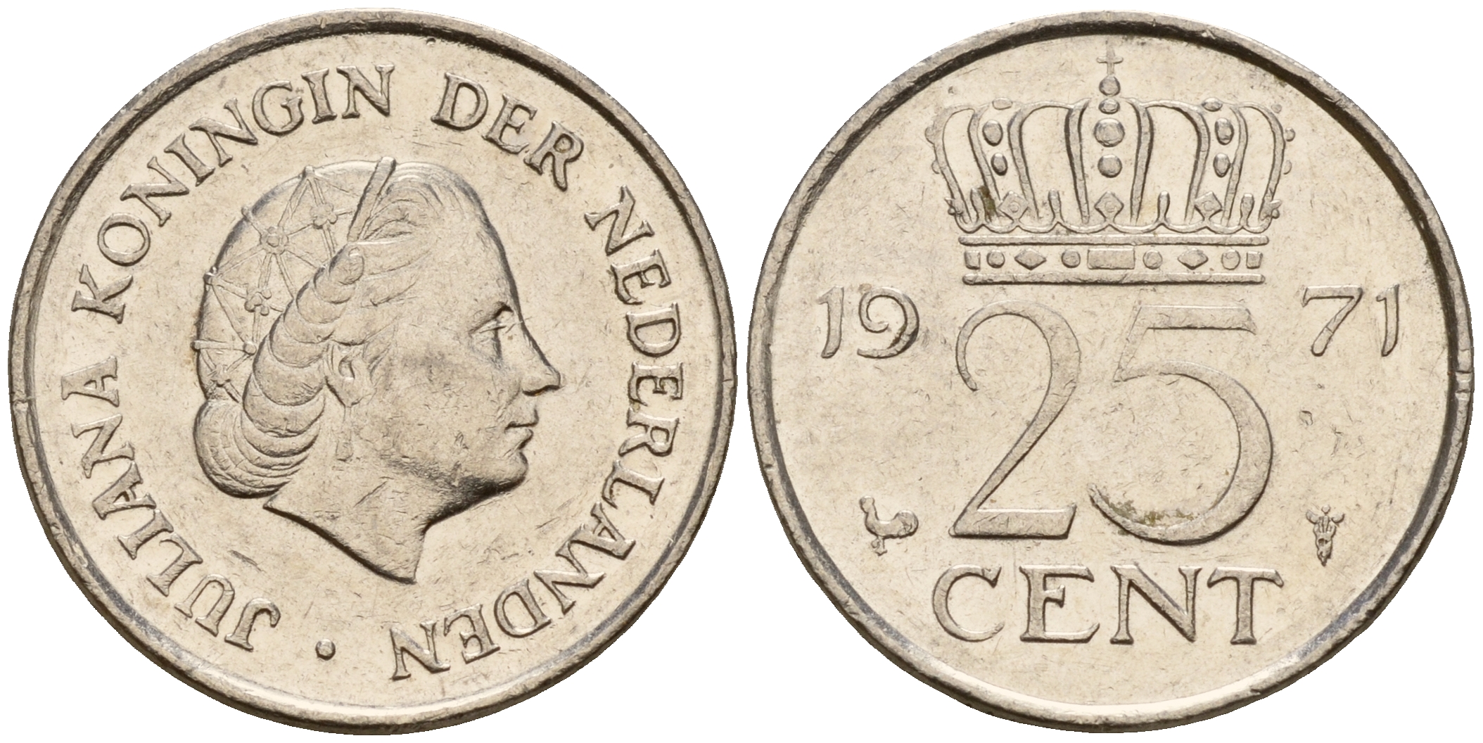 Нидерланды 25 центов 1971 Юлиана (1949-1980) KM 183 никель    4598-461