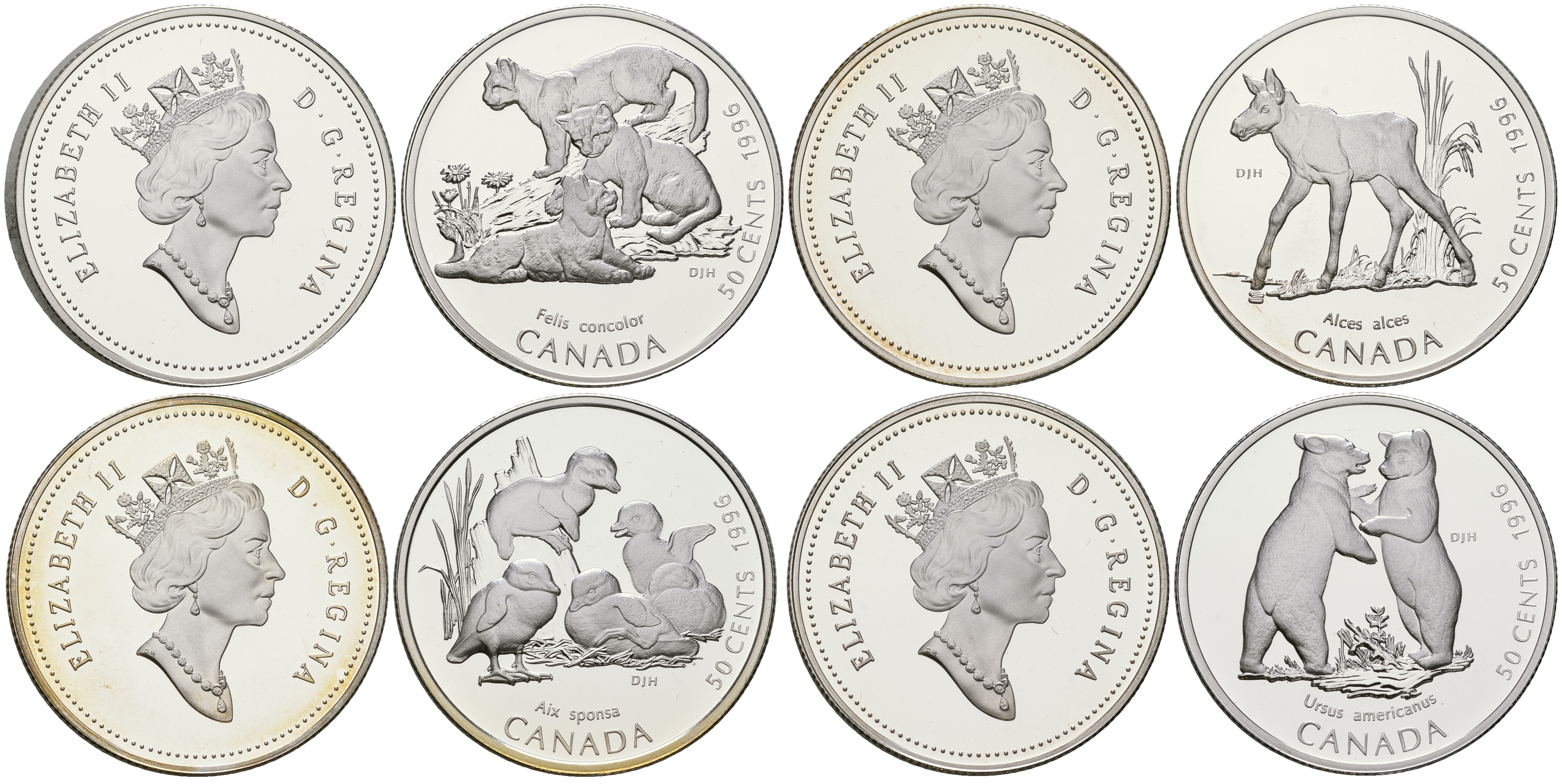 Канада набор из 4 монет по 50 центов 1996 серия природа, детеныши диких животных, в оригинальной коробке, сертификат KM 283, 284, 285, 286 серебро  PROOF  4-4-1-51