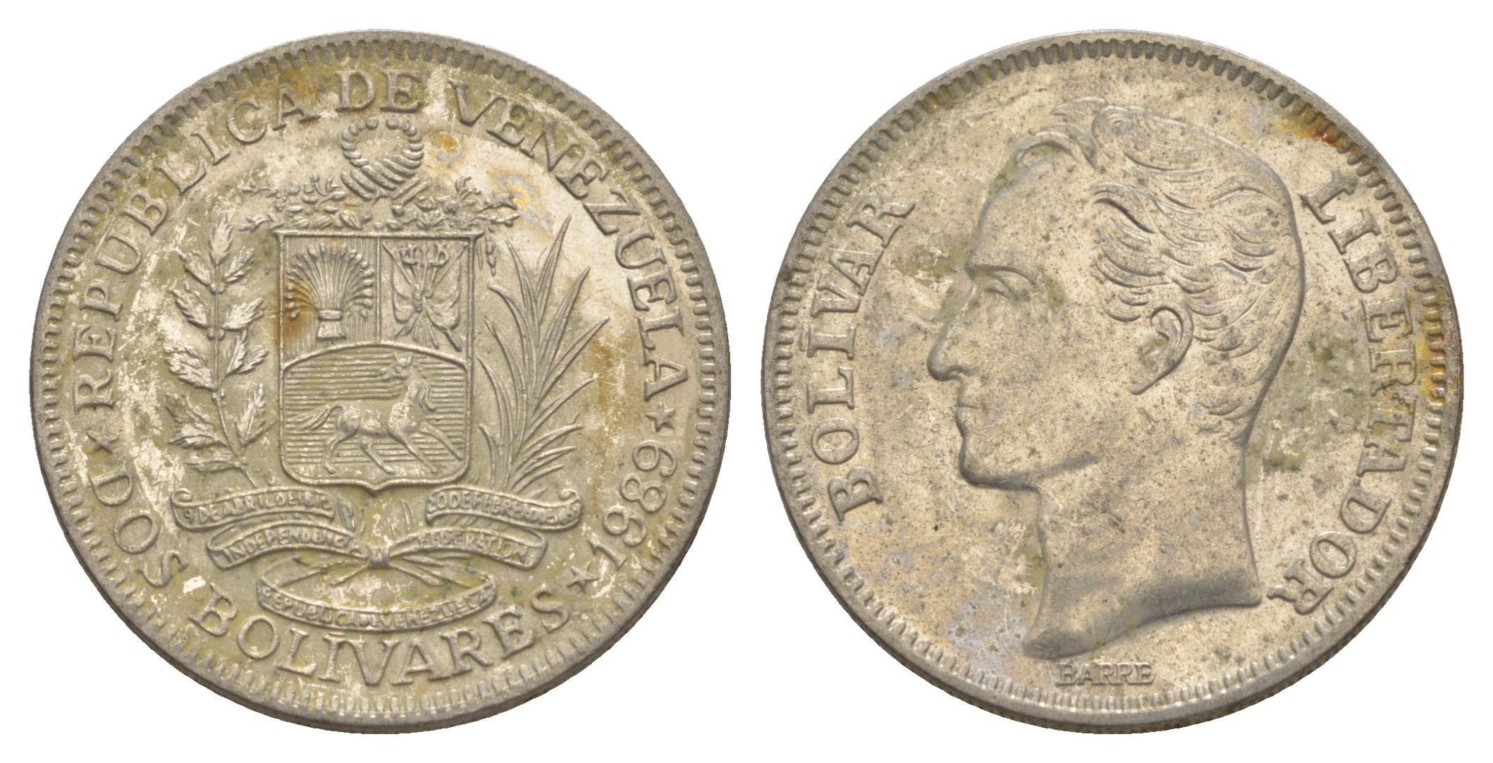 Венесуэла 2 боливара 1989 Симон Боливар Y 43a сталь плакированная никелем 4583-242