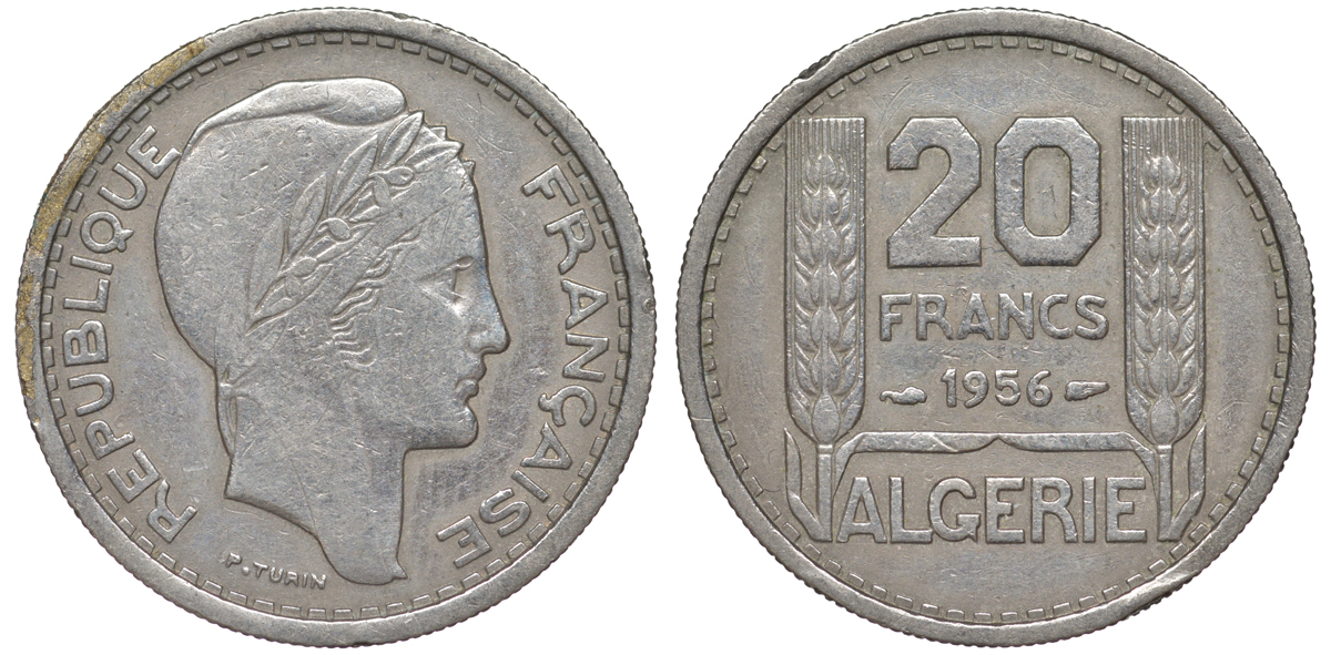 Французский Алжир 20 франков 1956 KM 91 медно-никель 4605-554