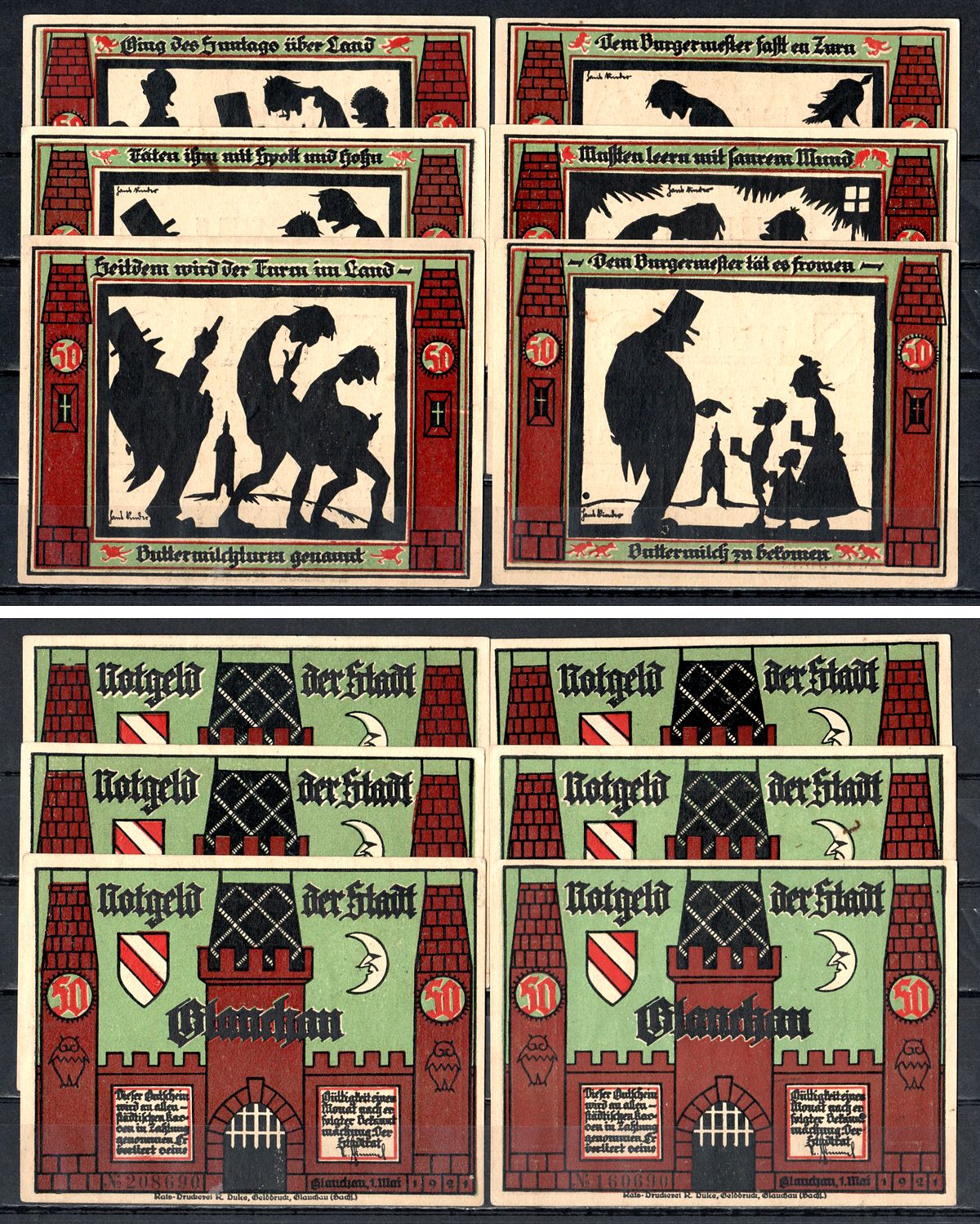 Глаухау (Саксония) набор из 6 нотгельдов 1921 7556-9-3-2