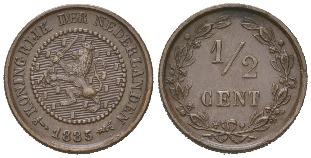 Нидерланды 1/2 цента 1885 Виллем III (1849-1890) KM 109 бронза 4174-633