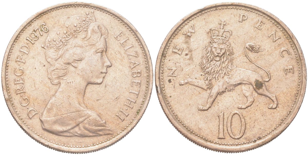 Великобритания 10 новых пенсов 1976 Елизавета II (1952-2022) KM 912, Spink F1 медно-никель 4128-414