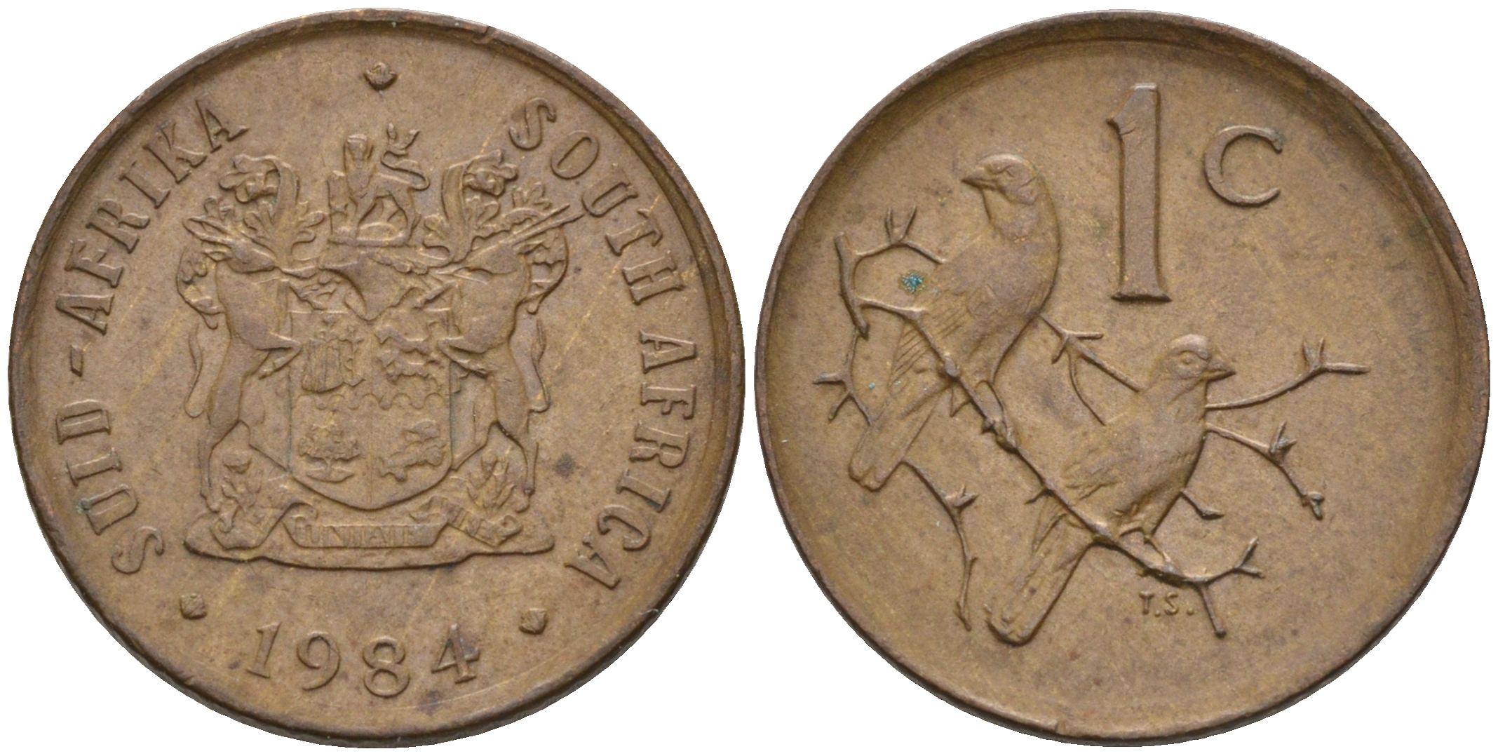 ЮАР 1 цент 1984 герб, капские воробьи KM 82 бронза 4588-1263