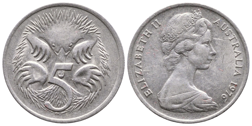 Австралия 5 центов 1976 королева Елизавета II (1952-2022), ехидна KM 64 медно-никель 177-1249
