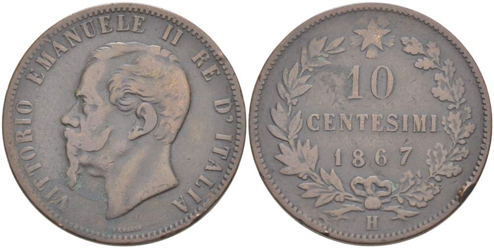 Италия 10 чентезимо 1867 H, Виктор Эммануил II (1861-1878) KM 11.3 медь 4526-836