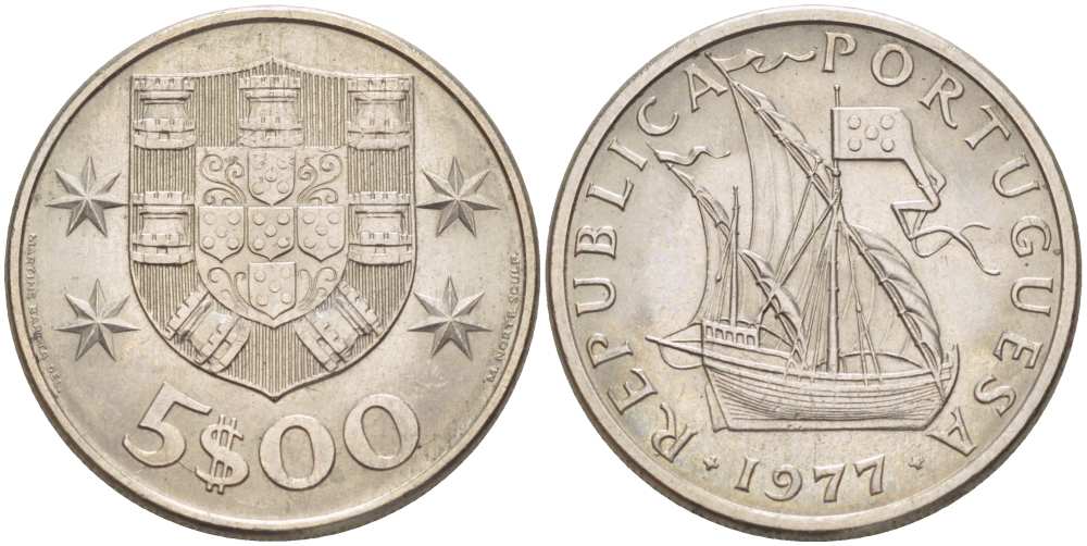 ПОРТУГАЛИЯ 5 ЭСКУДО 1977 ПАРУСНИК KM 591 медно-никель UNC 4513-1047