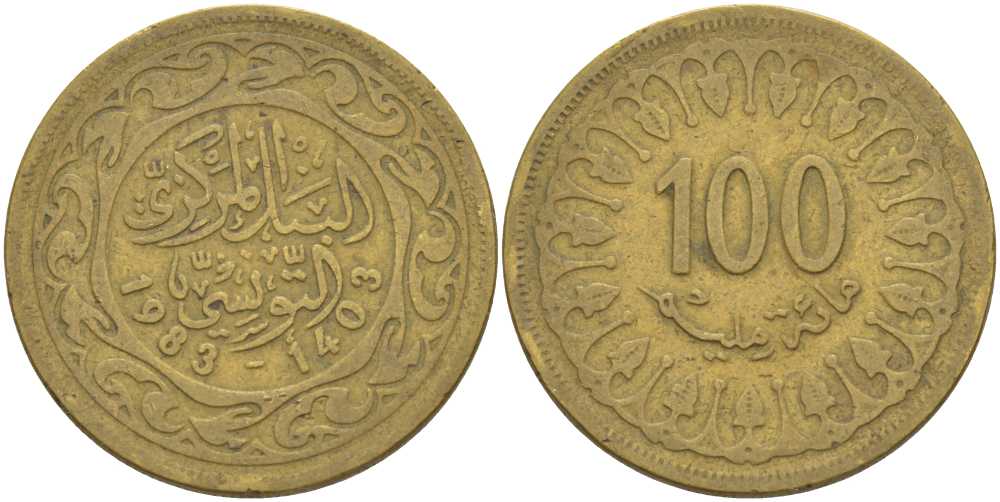 Тунис 100 миллимов 1983 АН1403, республика KM 309 латунь 47-136