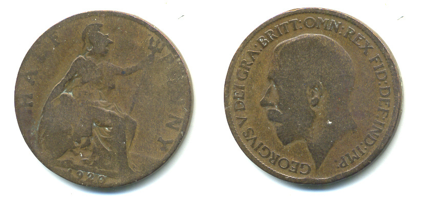 Великобритания 1/2 пенни 1920 Георг V (1910-1936) KM 809, Spink 4056 бронза 59-625