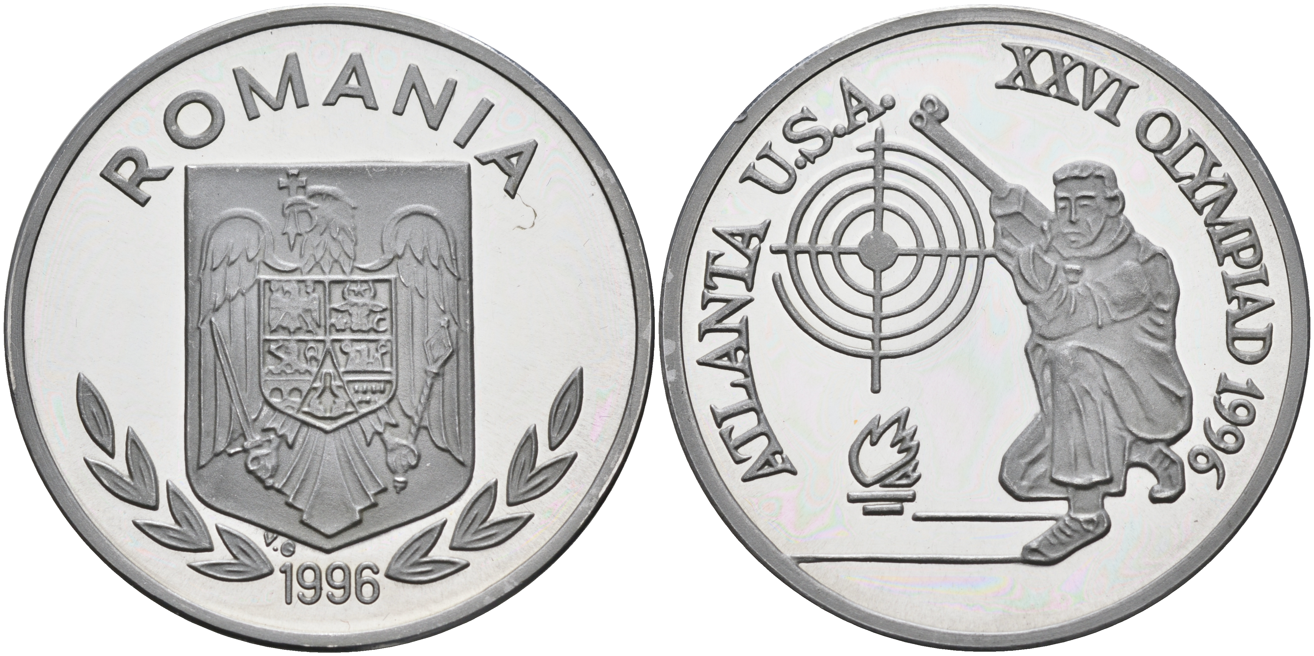 Румыния 100 леев 1996 XXVI Олимпийские игры 1996 года в Атланте, 100 лет Олимпийскому движению, стрельба, пробный выпуск, пифорт  алюминий  PROOF  1525-1321