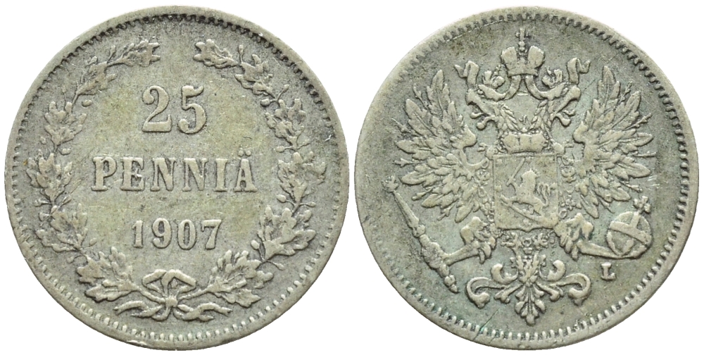Россия для Финляндии 25 пенни 1907 L, Николай II (1894-1917) KM 6.2, Биткин 415 серебро 57-1118