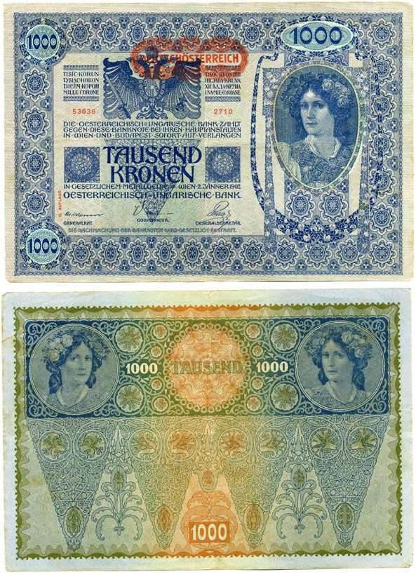 АВСТРИЯ 1000 КРОН 1919 КРАСНАЯ ГОРИЗОНТАЛЬНАЯ НАДПЕЧАТКА НА 1902, II AUFLAGE Pick 61 бумага 6262-24-2-1