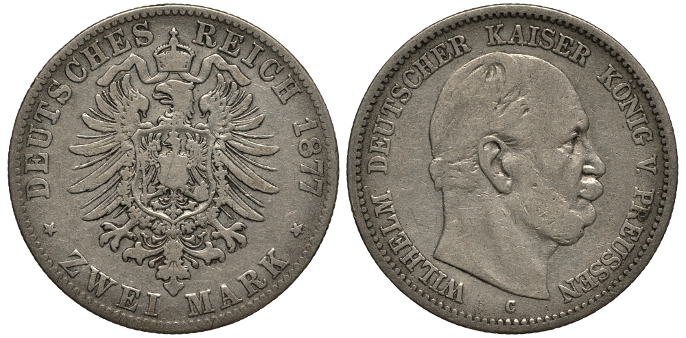 Пруссия 2 марки 1876 C, Вильгельм I (1861-1888) Weege 96, J. 96, KM 506 серебро 3711-645