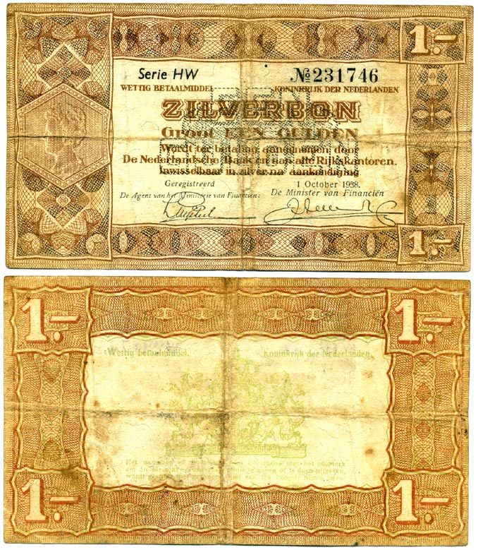 Нидерланды 1 гульден 1938 серебряный ваучер, в серии 2 буквы, 6 цифр Pick 61, Akkermans 4.1 b бумага 435-74-2-1