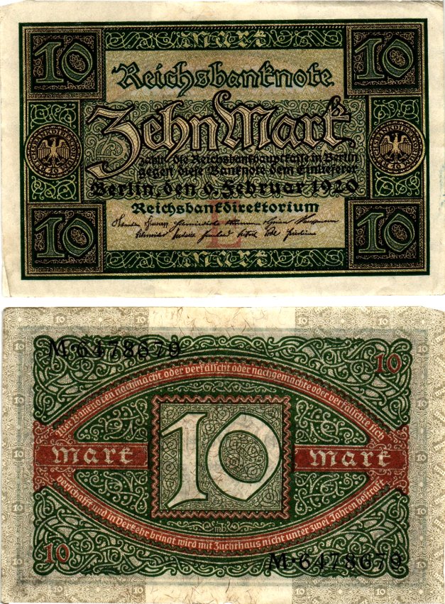 Германия 10 марок 1920 Pick 67a бумага UNC (пресс) 7375-42-2-1