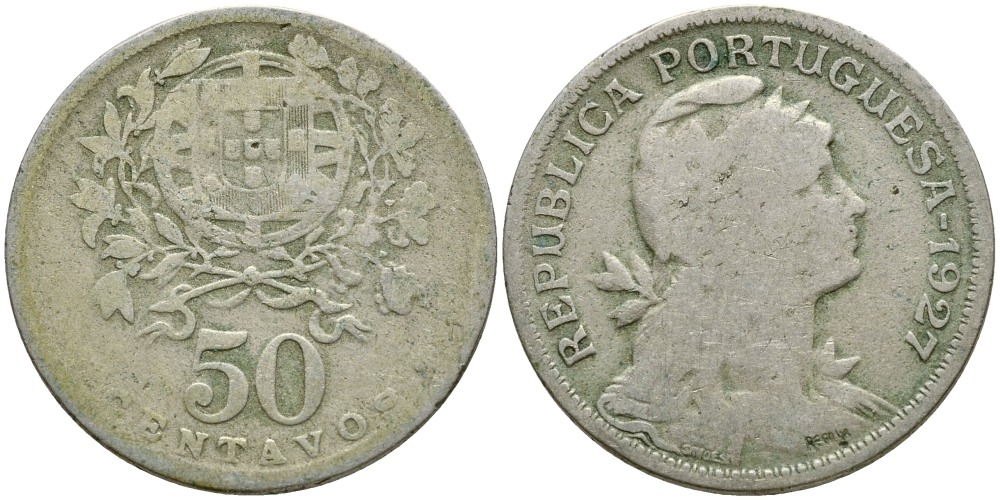Португалия 50 сентаво 1927 KM 577 медно-никель 08-1041