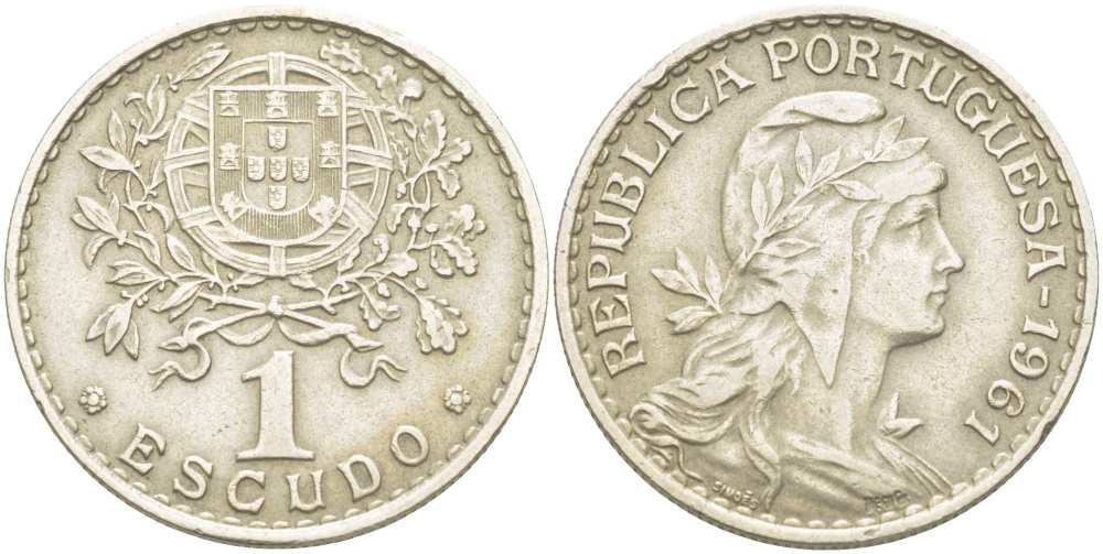 ПОРТУГАЛИЯ 1 ЭСКУДО 1961 ГОЛОВА СВОБОДЫ ВПРАВО KM 578 медно-никель 4517-435