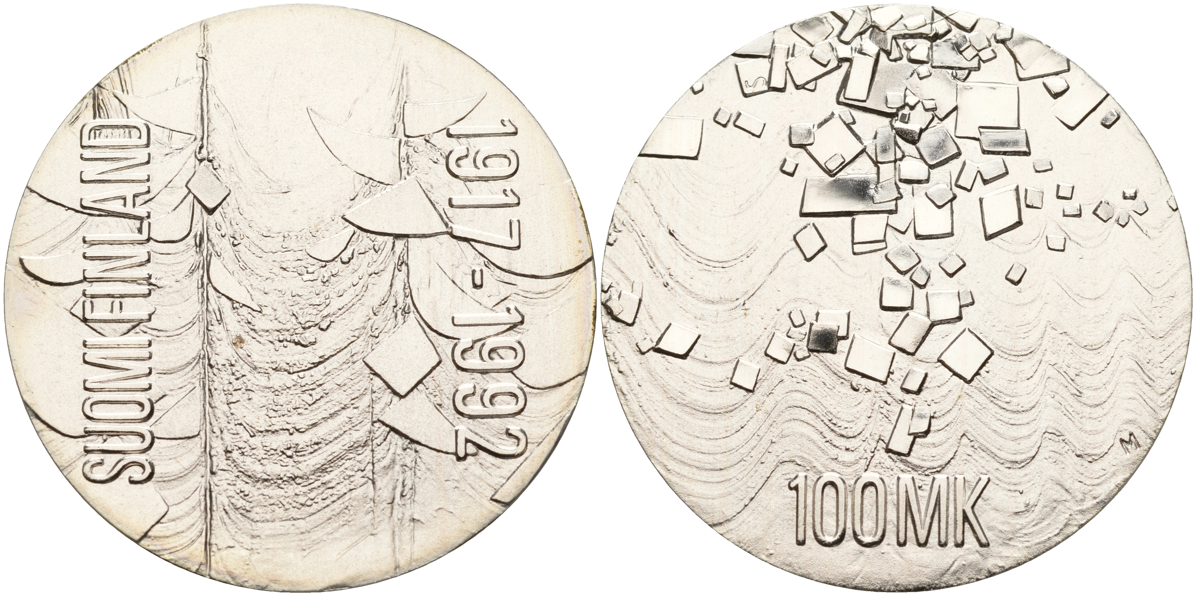 Финляндия 100 марок 1992 75 лет независимости KM 71 серебро UNC 1066-4-26