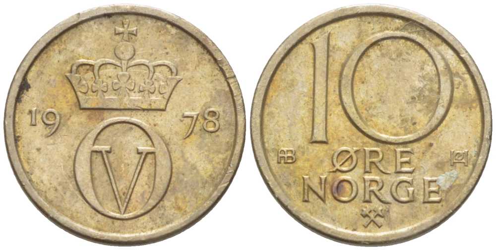 Норвегия 10 эре 1978 Улаф V (1957-1991) KM 416 медно-никель 211-1214