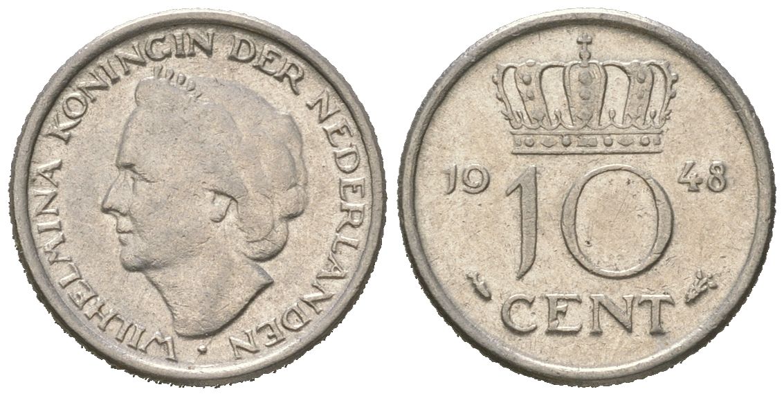 Нидерланды 10 центов 1948 Вильгельмина (1895-1948) KM 177 никель 4169-1257