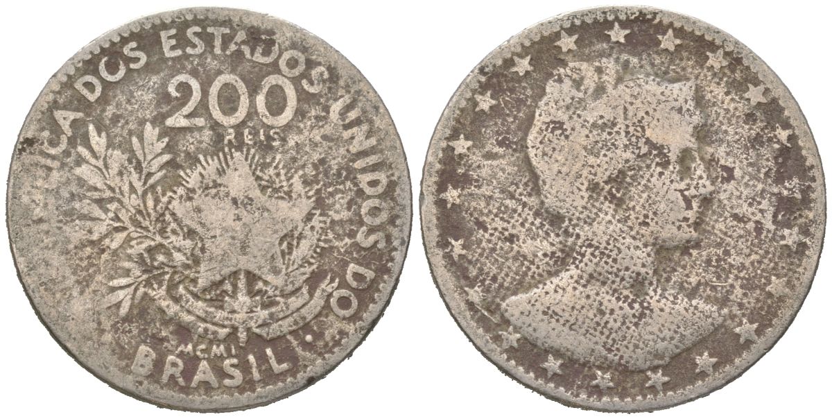 Бразилия 200 реалов 1901 MCMI, голова свободы вправо KM 504 медно-никель 4612-122