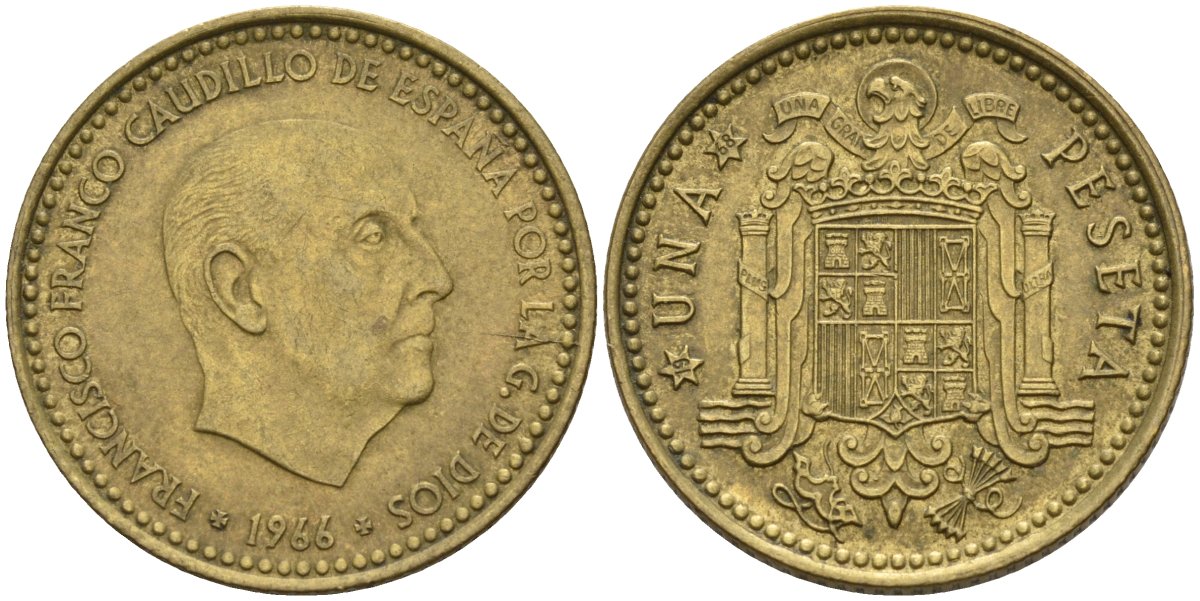 Испания 1 песета 1966 (68) Франсиско Франко (1939 - 1975) KM 796 алюминиевая бронза 4155-351