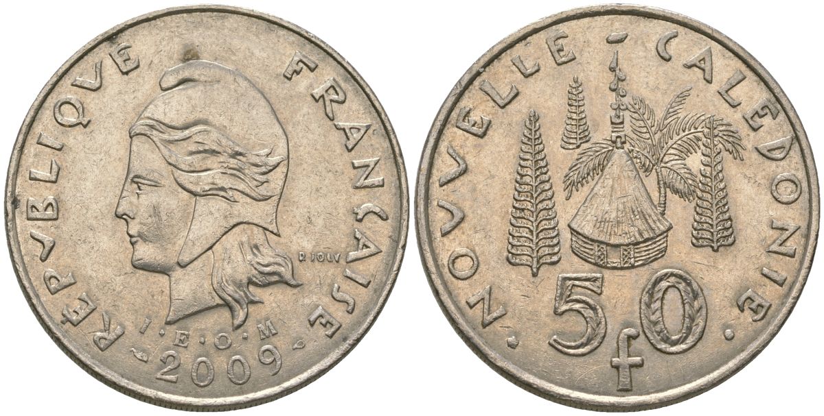 Французская Новая Каледония 50 франков 2009 хижина среди сосен и пальм, (IEOM) KM 13a, Schoen 15a, Lec 128i медно-никель 115-1015