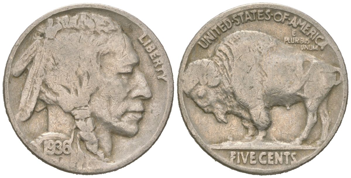 США 5 центов 1936 индеец, бизон KM 134 медно-никель 4614-1239