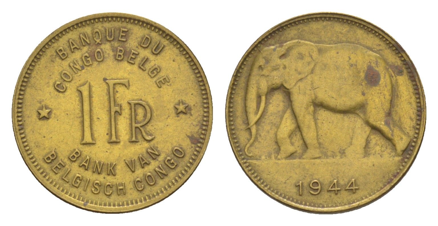 Бельгийское Конго 1 франк 1944 KM 26 латунь 4636-136