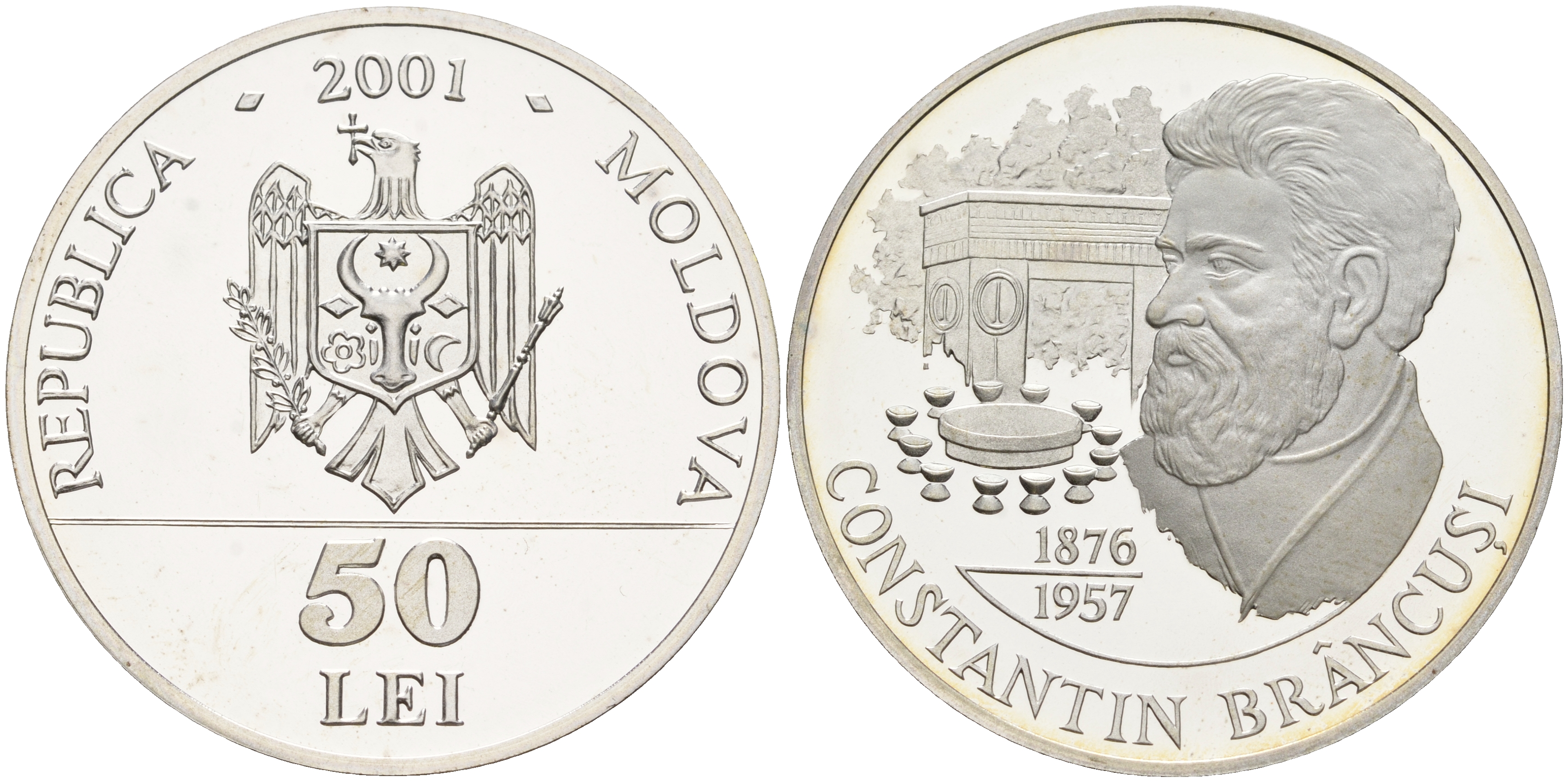 Молдова 50 лей 2001 125 лет со дня рождения Константин Бранкузи, тираж 1000 экземпляров, оригинальная коробка, сертификат серебро 7-6-1-40
