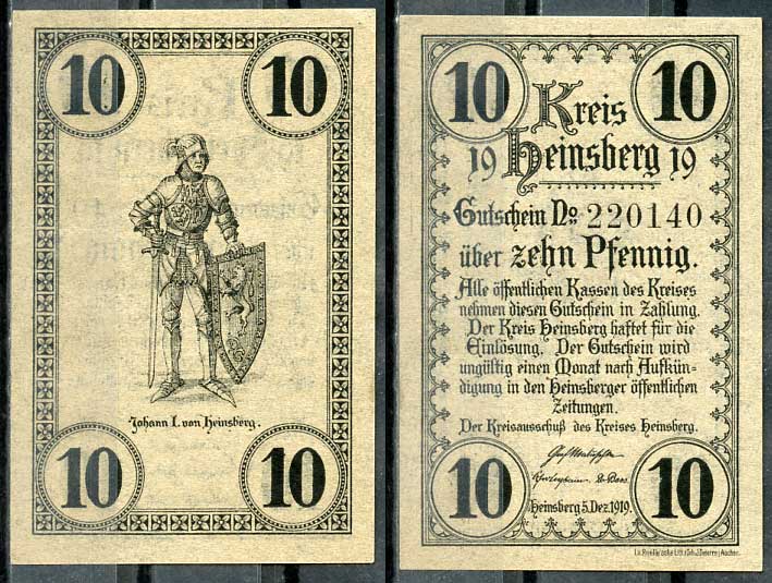Германия, Хайнсберг 10 пфеннигов 1919 нотгельд, 5.12.1919 Tieste 2900/02 бумага UNC (пресс) 8614-41-3-2