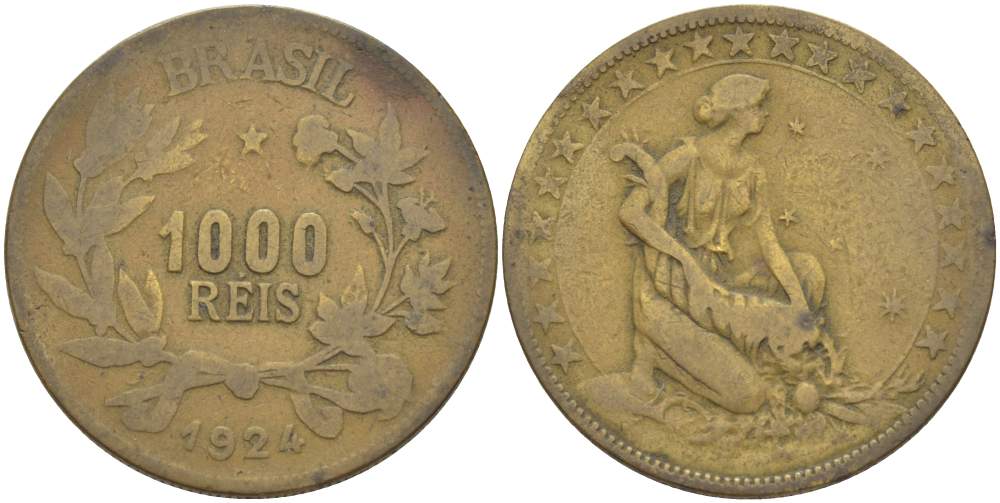БРАЗИЛИЯ 1000 РЕЙС 1924 ФИГУРА С РОГОМ ИЗОБИЛИЯ ВПРАВО KM 525 алюминиевая бронза 4529-342