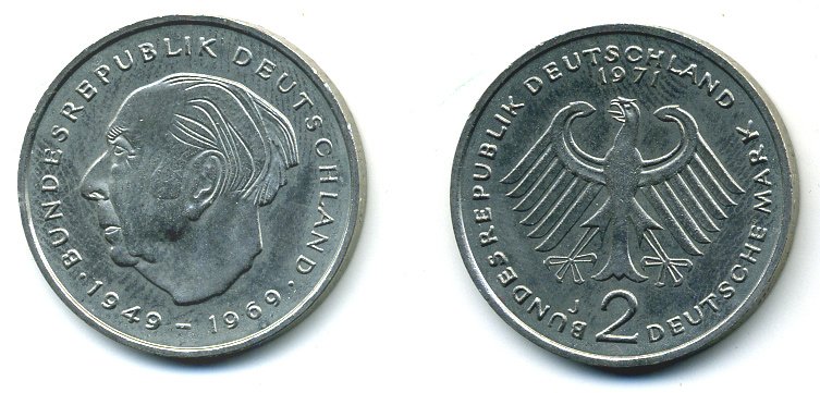 ФРГ 2 марки 1971 J, Теодор Хойс KM 127, J. 407 медно-никель плакированный никелем  41-851