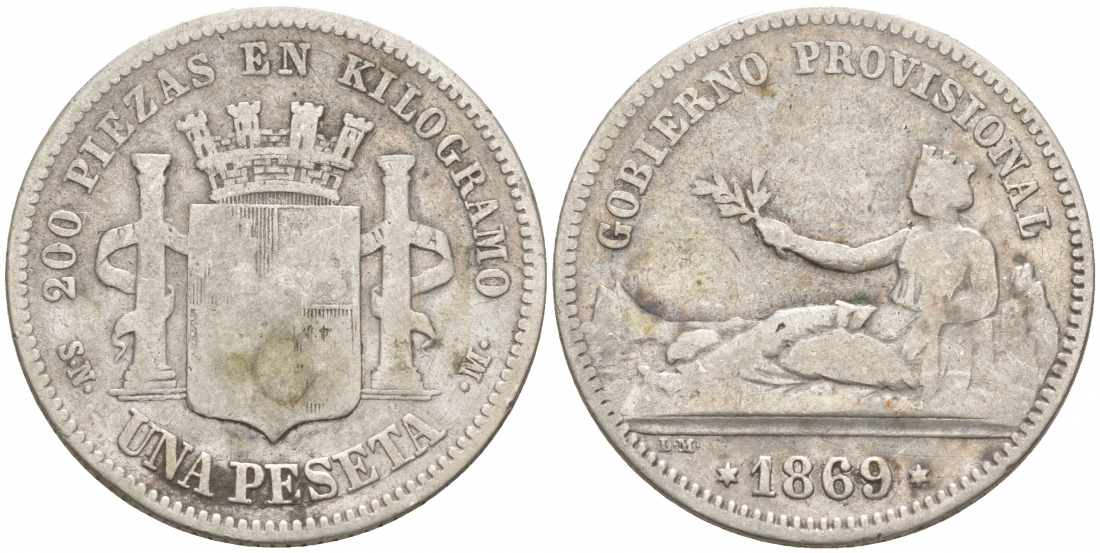Испания 1 песета 1869 SN-M KM 652 (Y-A55) серебро 3853-121