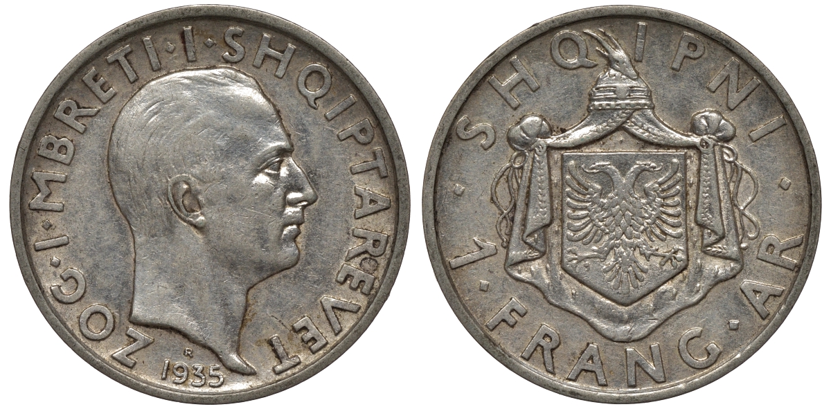 Албания 1 франга ари 1935 R, Ахмет Зогу I (1928-1939) KM 16 серебро 441-1522