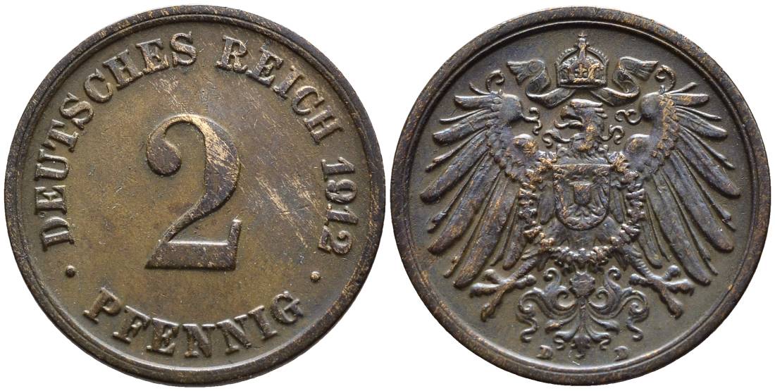 Германия 2 пфеннига 1912 D KM 16, J. 11, Weege 4 медь 4546-721