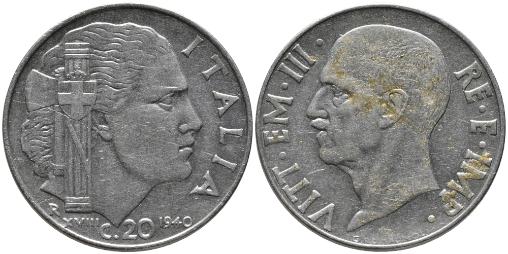 ИТАЛИЯ 20 ЧЕНТЕЗИМО 1940 R, ВИКТОР ИМАНУИЛ, XVIII ГОД, НЕМАГНИТНАЯ KM 75d нержавеющая сталь 83-1236