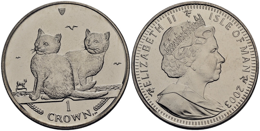 Остров Мэн 1 крона 2003 два балийских котенка КМ 1165 медно-никель UNC M80-21