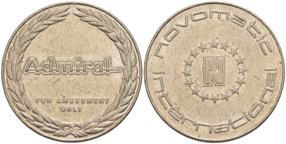 ЕВРОПА ЖЕТОН ИГРОВОЙ ADMIRAL, NOVOMATIC INTERNATIONAL, КАЗИНО белый металл 32-423