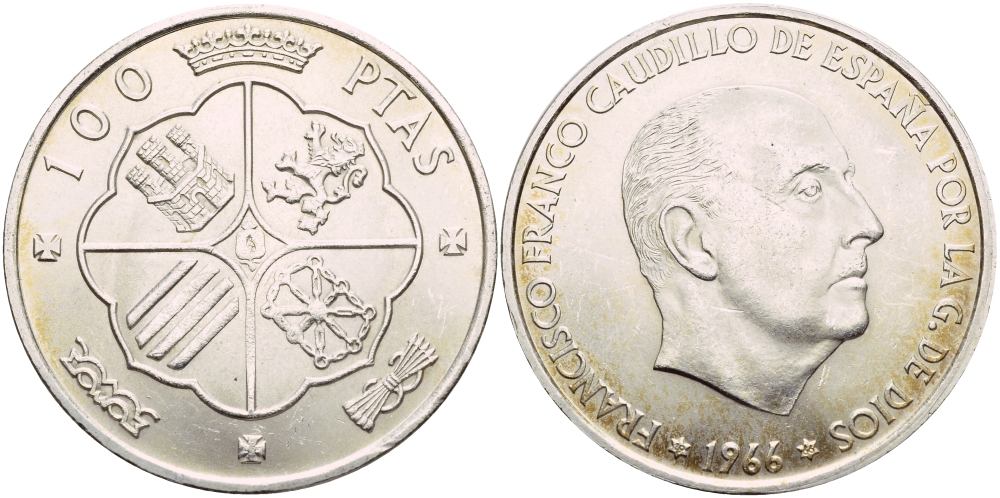 Испания 100 песет 1966 (66) Франсиско Франко (1939-1975) KM 797 серебро 02-263-35