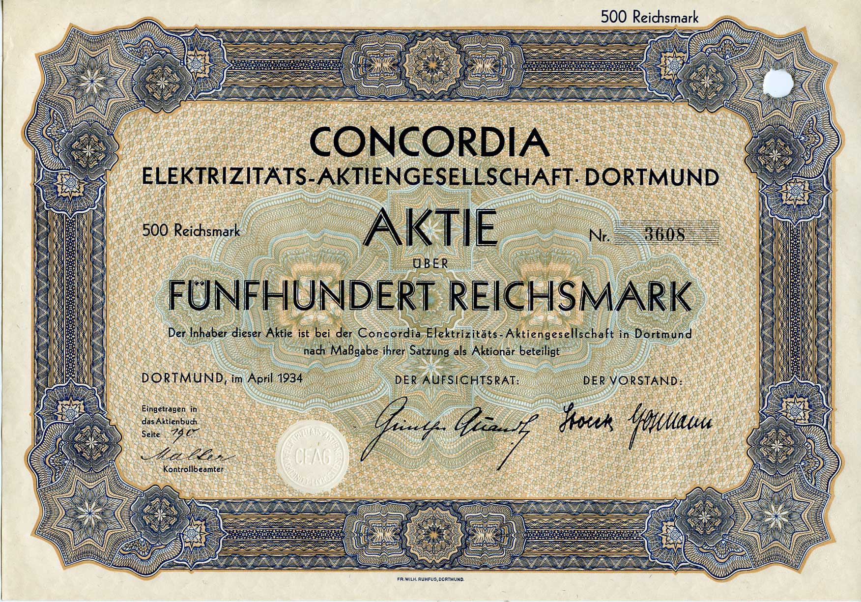 Германия 500 рейхсмарок 1934 АО Электрическая компания Конкордия, Дортмунд, акция   бумага   8803-23-1