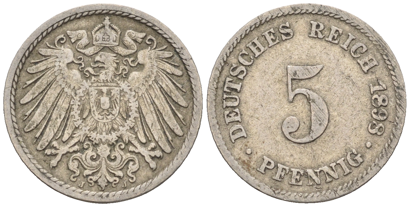 Германия 5 пфеннигов 1898 J KM 11, Jager 12, Weege 6 медно-никель 4147-224