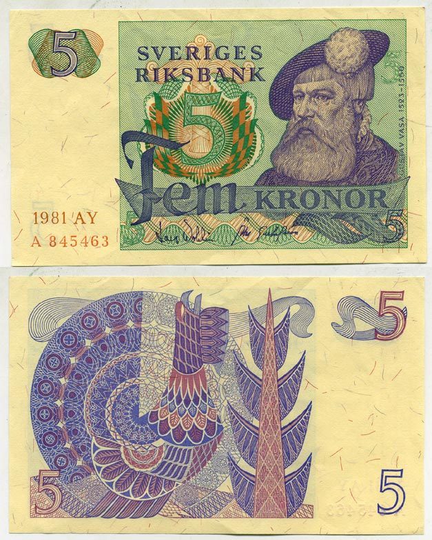 Швеция 5 крон 1981 AY, Густав I Ваза Pick 51d бумага aUNC 444-24-1