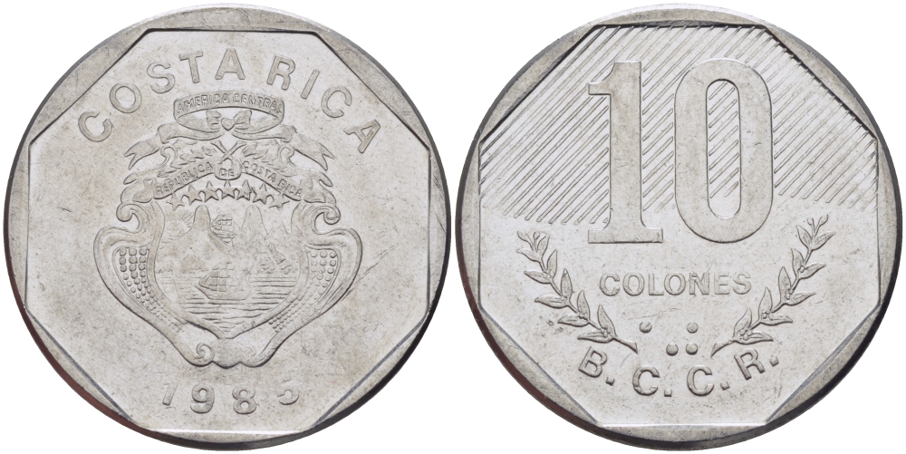 Коста-Рика 10 колонов 1985 B.C.C.R. KM 215.2 нержавеющая сталь 82-122