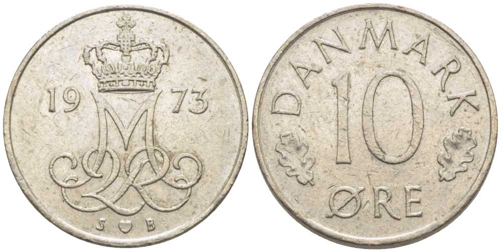 ДАНИЯ 10 ЭРЕ 1973 S; B, МАРГРЕТЕ II (1972-) KM 860.1 медно-никель 116-235