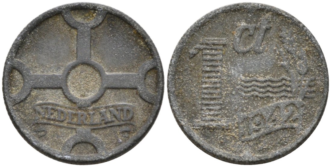 Нидерланды 1 цент 1942 Вильгельмина (1890-1948) KM 170 цинк 3458-157