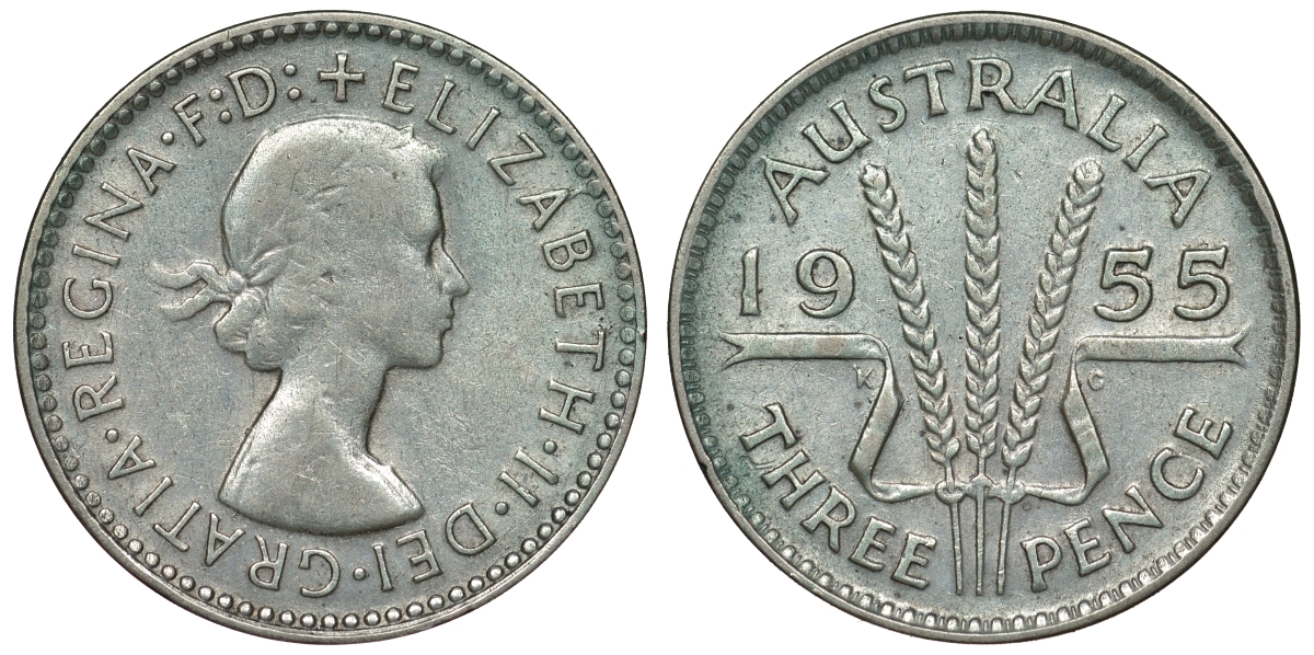 Австралия 3 пенса 1955 m, Елизавета II (1952-2022) KM 57 серебро 71-418