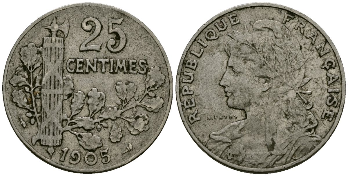 Франция 25 сантимов 1905 KM 856 никель 4171-1224