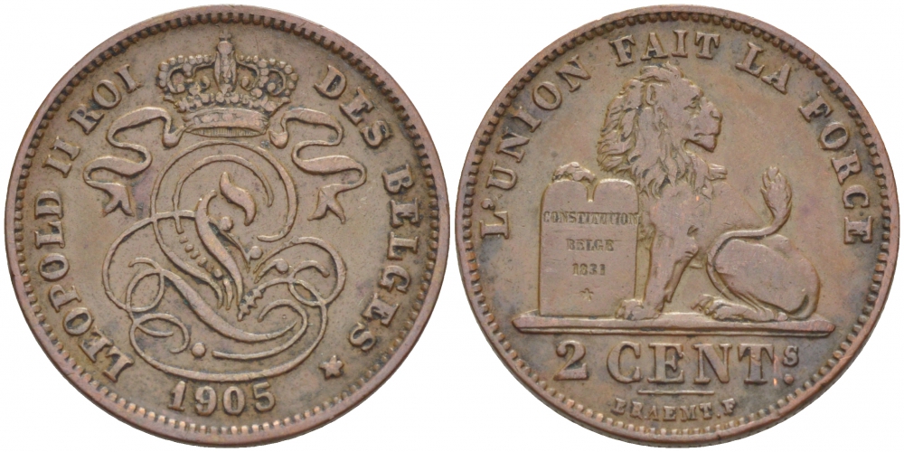 БЕЛЬГИЯ 2 САНТИМА 1905 BELGES KM 35.1 медь 110-156