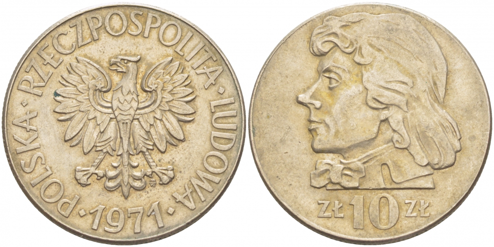 ПОЛЬША 10 ЗЛОТЫХ 1971 MW, ТАДЕУШ КОСТЮШКО KM 50a медно-никель 4403-621